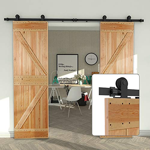 CCJH 10.5FT Sliding Barn Door Hardware Kit, Heavy Duty, Smoothly and Silently, Easy to Install, Fit 31.5" Width Double Door Panel, T-Shaped Style Black