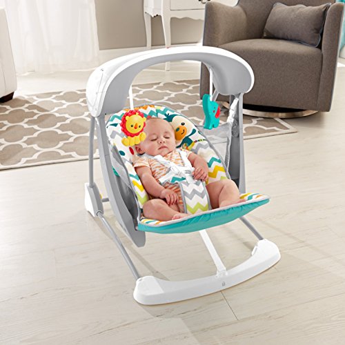 Fisher-Price Colourful Carnival Take-Along Swing and Seat, Blue/Gray Chevron, Portable Baby Swing and Stationary Infant Seat