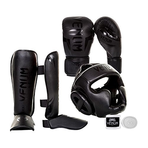 Venum Elite Challenger 2.0 Boxing Gloves Kit - Black/Black Gloves, Black/Black Shinguards, Black/Black Headgear, White Handwraps - 10-Ounce Gloves, Large Shinguards