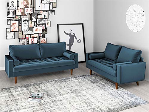 Container Furniture Direct S5456 Mid Century Modern Velvet Upholstered Tufted Living Room Loveseat, 50.39", Prussian Blue