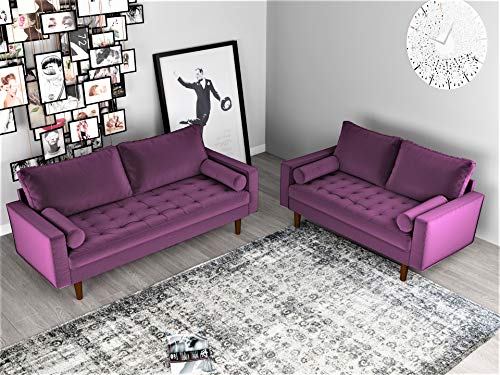 Container Furniture Direct S5458 Mid Century Modern Velvet Upholstered Tufted Living Room Loveseat, 57.87", Eggplant