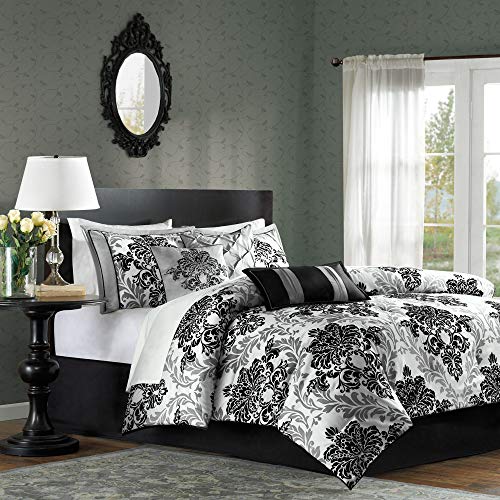 Madison Park Bella Comforter Set-Casual Damask Design All Season Cozy Bedding, Matching Bedskirt, Shams, Decorative Pillows, California King (104 in x 92 in), Black, 7 Piece