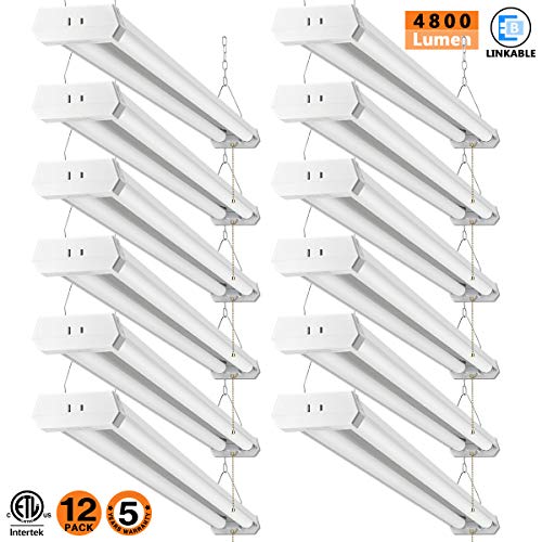 LED Shop Light for garages,4FT 4800LM,42W 5000K Daylight White,LED Ceiling Light, LED Wrapround Light, with Pull Chain (ON/Off),Linear Worklight Fixture with Plug, cETLus Listed 12Pack 50K