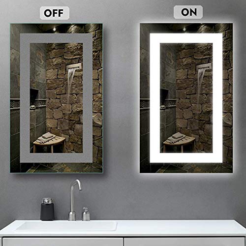 Led Bathroom Mirror Lighted Backlit Wall Mounted Square Mirror with Defogger Button Very Light White Color Vanity Mirror