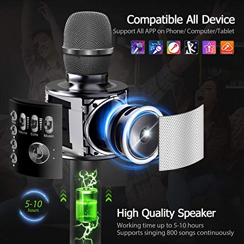 【2021 Upgrade】 Wireless Bluetooth Karaoke Microphone, 4 in 1 Portable Handheld Karaoke Mic Speaker Machine for Kids Adults, for Christmas Birthday Home Party (Black)