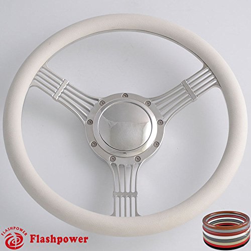 Flashpower 14'' Billet Banjo Half Wrap 9 Bolts Steering Wheel with 2'' Dish and Horn Button (White)