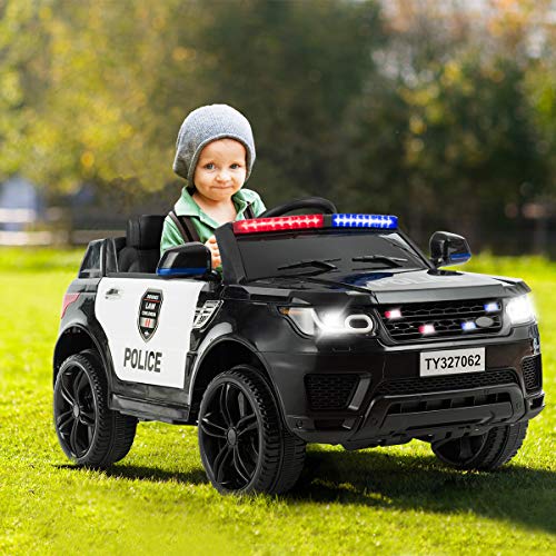 Costzon Kids Ride on Car Electric Police Truck Remote Control Siren, LED Headlights, Microphone Double Open Doors Black