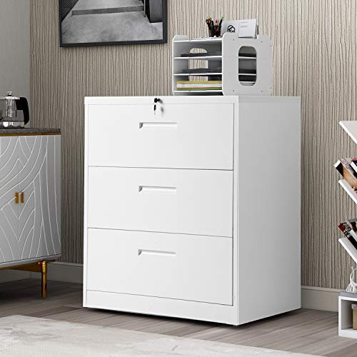 Lateral File Cabinet with 3 Drawer Lockable Metal File Cabinet Heavy Duty Filling Cabinet,White, Assembly Needed
