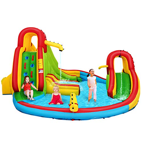 Costzon Inflatable Bounce House 7 in 1 Mighty Pool Slide Kids Bouncer with Climbing Wall, Basketball Rim, Splash Pool, Water Cannon