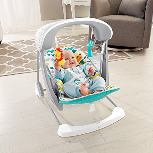 Fisher-Price Colourful Carnival Take-Along Swing and Seat, Blue/Gray Chevron, Portable Baby Swing and Stationary Infant Seat