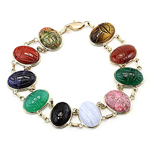 14k Yellow Gold Handmade Double Link Scarab Bracelet With Oval Gemstones