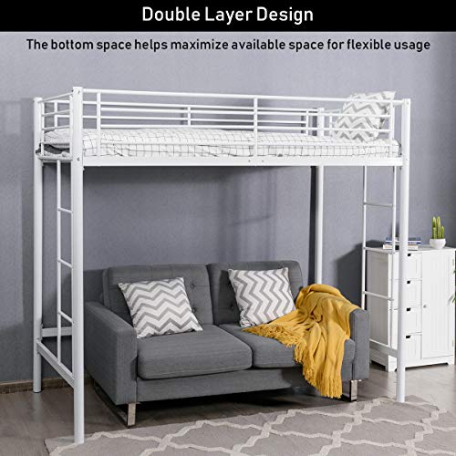 Costzon Loft Twin Bed Single Bunk Bed with Sturdy Steel Frame High Sleeper Multipurpose Use Full Length Guardrails White