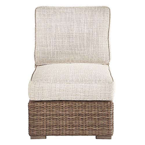 Signature Design by Ashley Beachcroft Patio Farmhouse Outdoor Wicker Cushioned Armless Chair, Beige