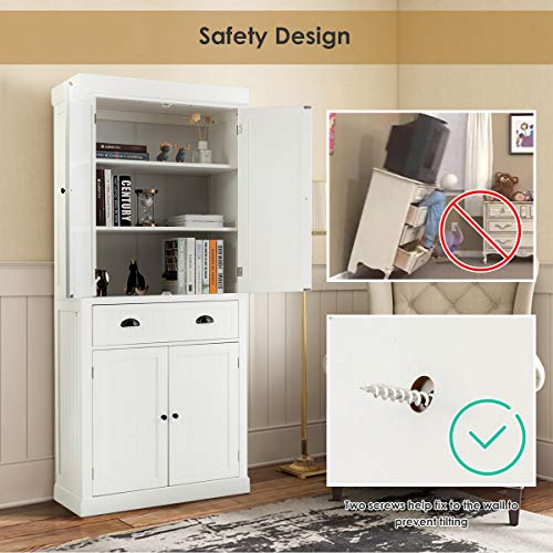 Tangkula 72‘’H Freestanding Kitchen Pantry Cupboard Cabinet, Traditional Elegant Design, w/Adjustable Shelves, 2-Door Floor Utility Storage Cabinet for Living Room Kitchen Hallway (White)