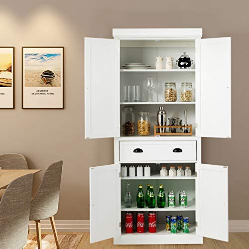 Tangkula 72‘’H Freestanding Kitchen Pantry Cupboard Cabinet, Traditional Elegant Design, w/Adjustable Shelves, 2-Door Floor Utility Storage Cabinet for Living Room Kitchen Hallway (White)