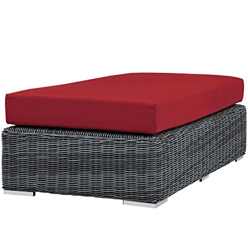 Modway Summon Wicker Rattan Outdoor Patio Sunbrella Fabric Rectangle Ottoman in Canvas Red