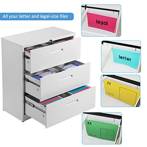Lateral File Cabinet with 3 Drawer Lockable Metal File Cabinet Heavy Duty Filling Cabinet,White, Assembly Needed