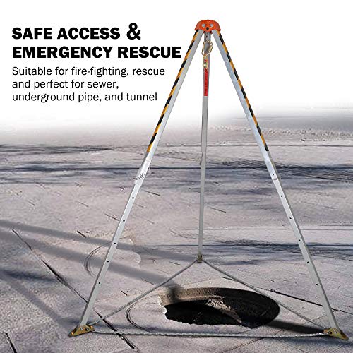 KSEIBI 423990 Aluminum Confined Space Tripod Kit Manhole Entry and Rescue Equipment Set with 65' Winch, Pulley, Carabiner, Fall Protection Safety Harness and Carrying Storage Bag