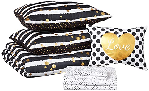 Latitude Gold Glitter Stripe Bed in A Bag, Queen, White/Black