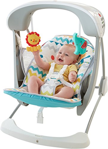 Fisher-Price Colourful Carnival Take-Along Swing and Seat, Blue/Gray Chevron, Portable Baby Swing and Stationary Infant Seat