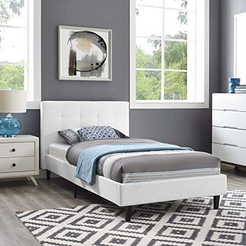 Modway Linnea Upholstered White Twin Platform Bed with Wood Slat Support