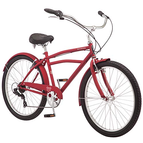 Schwinn Huron Adult Beach Cruiser Bike, Featuring 17-Inch/Medium Steel Step-Over Frames, 7-Speed Drivetrains, Red