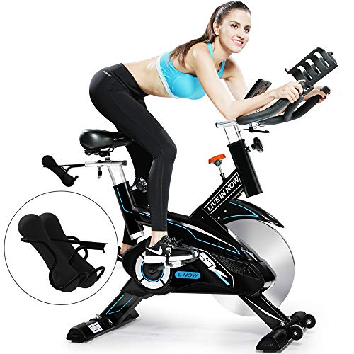 L NOW Indoor Cycling Bike Stationary Bike Exercise Bike Belt Driven Smooth Quiet with Dumbbell Rack