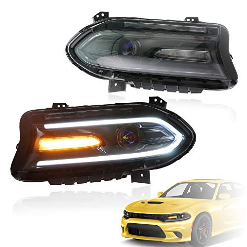 A&K Led Headlights for Dodge Charger 2015 2016 2017 2018 2019 2020,Dual Beam Head Lamp Assembly with Turn Signal Light and Led Daytime Running Light,Driver and Passenger Side(Clear Len)