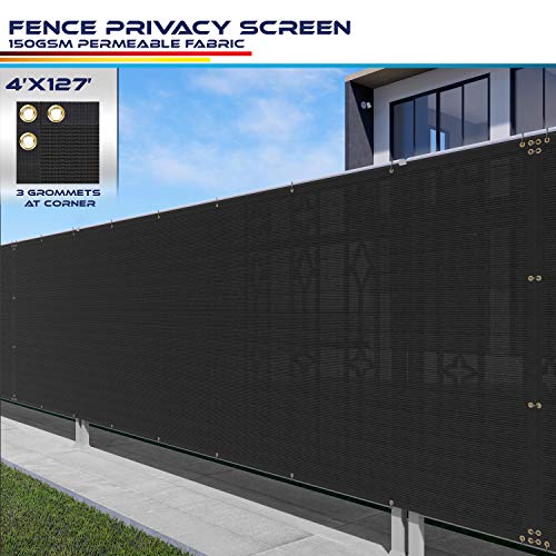 Windscreen4less Heavy Duty Privacy Screen Fence in Color Solid Black 4' x 127' Brass Grommets 150 GSM - Customized Size