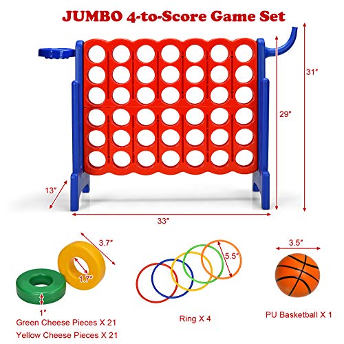 Costzon Giant 4-in-A-Row, Jumbo 4-to-Score Giant Game w/ Basketball Hoop, Ring Toss, Quick-Release Slider, 42 Jumbo Rings, Indoor Outdoor Family Connect Game for Kids & Adults, Backyard Games, Blue