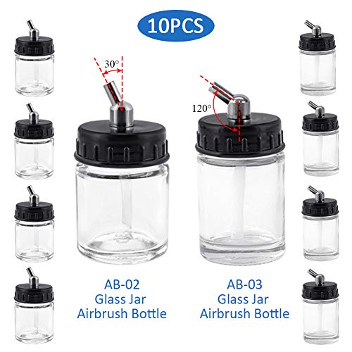 10pcs Glass Jar Airbrush Bottles Set 22cc Transparent Glass Bottle 5pcs AB02 5pcs AB03 Metal Connector with 30° 120°Down Angle Adaptor Lid Assembly Siphon Feed Airbrush, Use with Most airbrushes