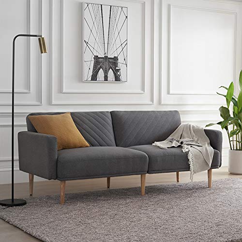 Mopio Chloe Convertible Futon Couch Bed, Fabric Tufted Modern Sofa Sleeper with Tapered Wood Legs, 76.8" L, Perfect Suit for Your Living Room, Dark Gray