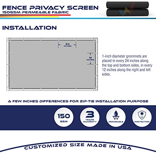 Windscreen4less Heavy Duty Privacy Screen Fence in Color Solid Black 6' x 140' Brass Grommets 150 GSM - Customized Size