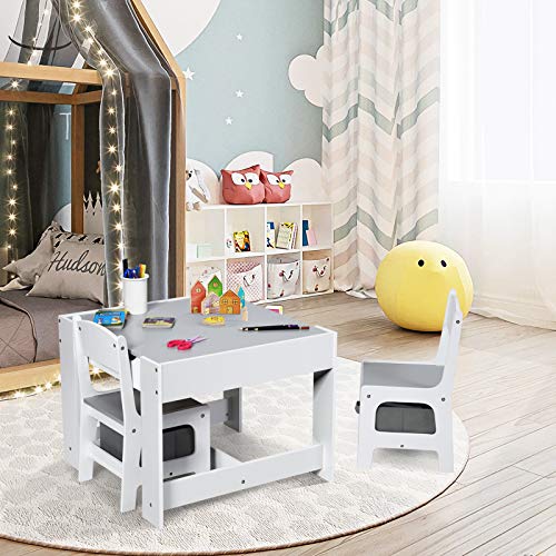 Costzon Kids Table and Chair Set, 3 in 1 Wood Activity Table for Toddlers Arts, Crafts, Drawing, Reading, Playroom, Toddler Table and Chair Set w/ 2 in 1 Tabletop, Storage Space, Gift for Boys & Girls