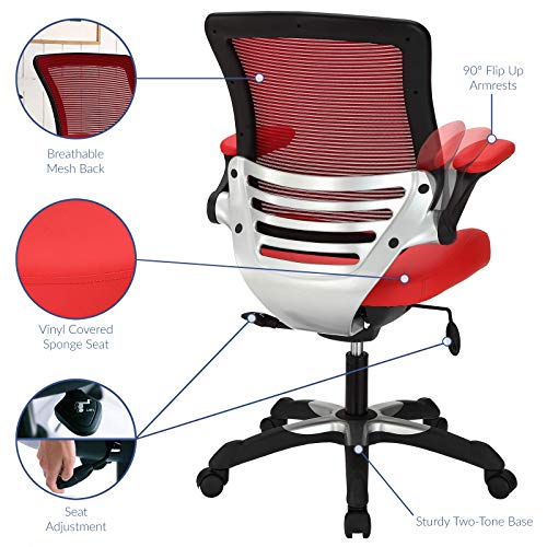 Modway Edge Mesh Back and White Vinyl Seat Office Chair With Flip-Up Arms - Computer Desks in Red