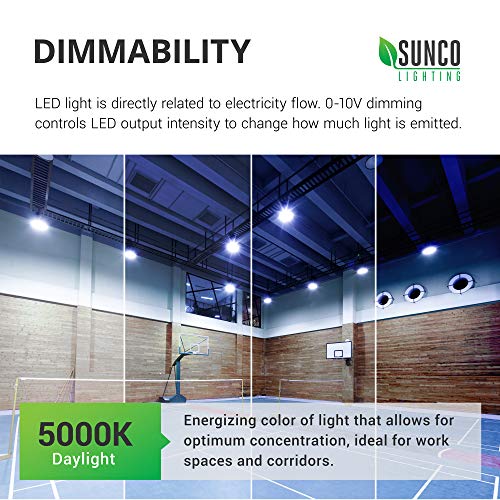 Sunco Lighting 2 Pack UFO LED High Bay, 150W, 600W HID Replacement, 21,000 LM, 5000K Daylight, IP65 Waterproof, Commercial Grade Lighting, Hook Mount, Safety Cable, Warehouse - UL, DLC