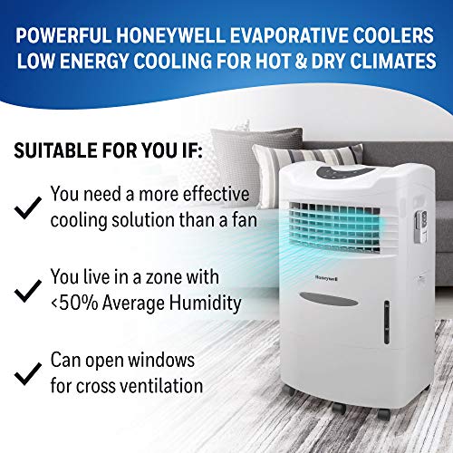 Honeywell 470-659CFM Portable Evaporative Cooler, Fan & Humidifier with Ice Compartment & Remote, CL201AEW, White