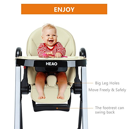 HEAO Foldable High Chair Reclining Height Adjustable 4 Wheels Beige