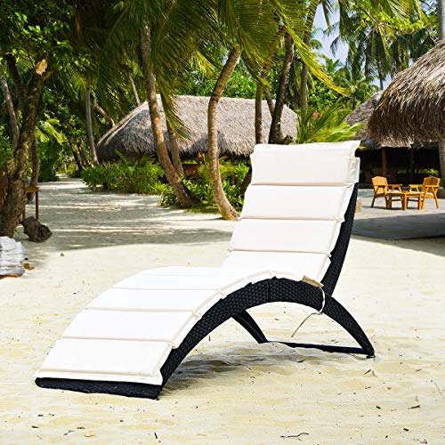 Tangkula Foldable Patio Lounge Chair, Outdoor Rattan Lounger Chaise, Portable Patio Chaise with Cushion, All-Weather Wicker Furniture for Garden Lawn Balcony Backyard Poolside (2)