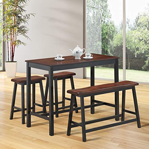 COSTWAY 4 Piece Solid Wood Dining Table Counter Height W/ One Bench & Two Saddle Stools Industrial Style Foot Pads Black & Brown