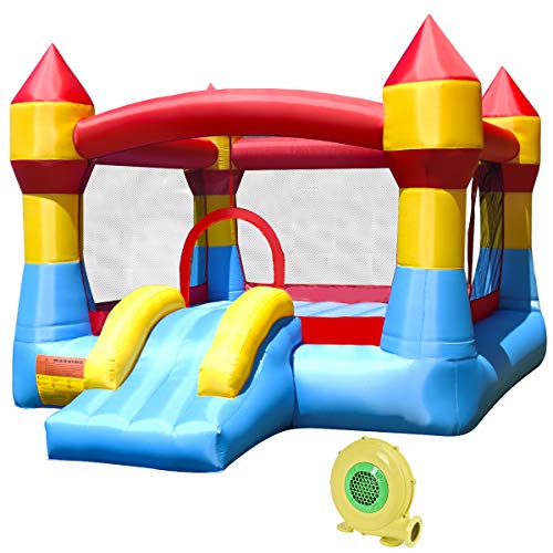 Costzon Inflatable Bounce House Castle Jumper Slide Mesh Walls Kids Party Jump Bouncer House with Net Carry Bag Without Blower