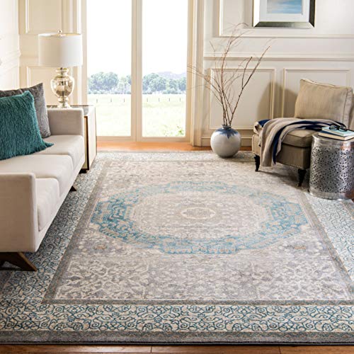 Safavieh Sofia Collection SOF365A Vintage Light Grey and Blue Center Medallion Distressed Area Rug (9' x 12')