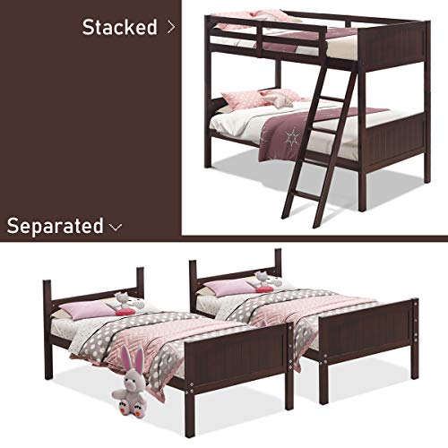 Costzon Wooden Twin Over Twin Bunk Beds Convertible 2 Individual Twin Beds for Kids Children, Solid Rubberwood Bunk Bed