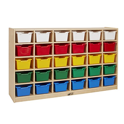 ECR4Kids ELR-17257F-AS Birch 30 Cubby Tray Cabinet with 30 Scoop Front Bins, Assorted Colors, Natural