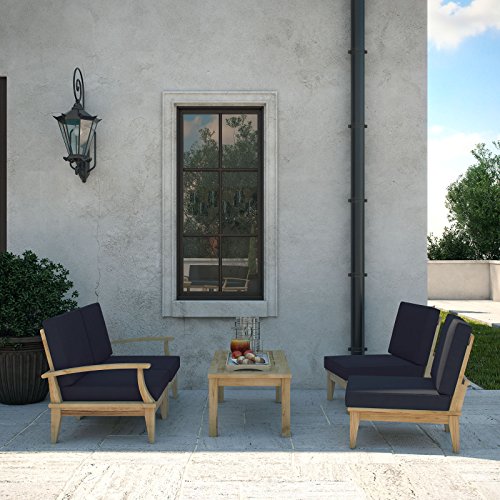 Modway Marina Premium Grade A Teak Wood 5-Piece Outdoor Patio Furniture Set in Natural Navy