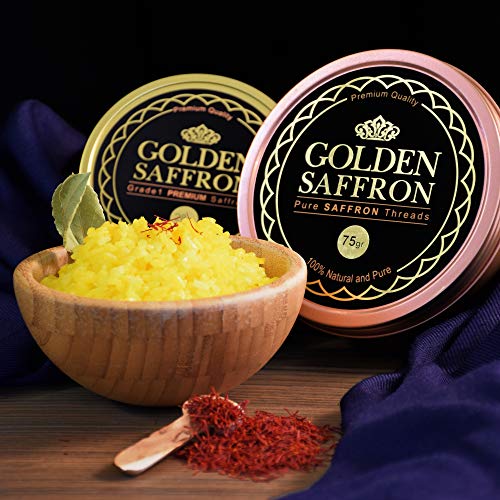 Golden Saffron, Finest Pure Premium All Red Saffron Threads, Grade A+ Super Negin, Non-GMO Verified. For Tea, Paella, Rice, Desserts, Golden Milk and Risotto (75 Grams)