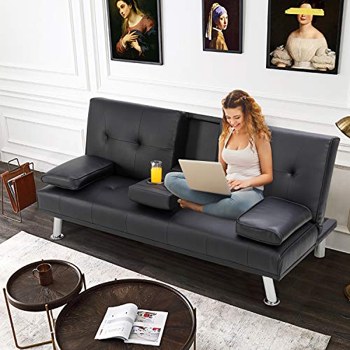 Walsunny Modern Faux Leather Couch, Convertible Futon Sofa Bed for Living Room with Armrest & Fold Up & Down Recliner Couch with Cup Holders(Black)