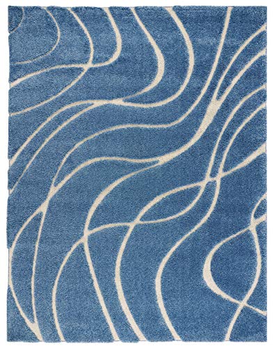 SAFAVIEH Florida Shag Collection SG471 Abstract Wave Non-Shedding Living Room Bedroom Dining Room Entryway Plush 1.2-inch Thick Area Rug, 6' x 9', Light Blue / Cream