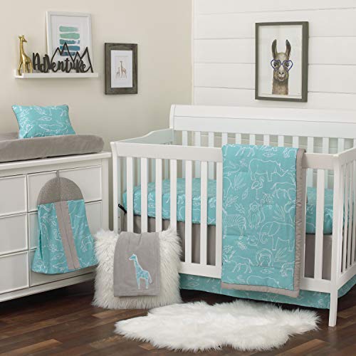 NoJo Dreamer Modern Safari Blue 8 Piece Nursery Crib Bedding Set, Turquoise/Grey