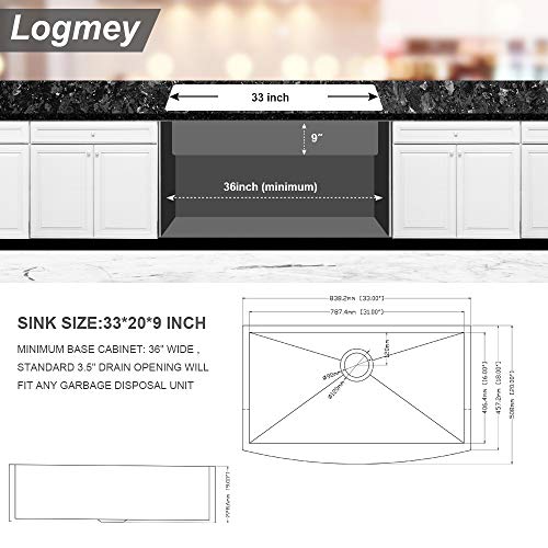 33 Farmhouse Sink - Logmey 33 Inch Kitchen Sink Apron Front Deep Single Bowl Sink 18 Gauge Stainless Steel Farm Sink